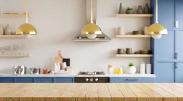 mesa de madera vacía y fondo de pared blanca de cocina borrosa, mesa de madera sobre encimera de cocina borrosa.