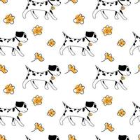 Seamless pattern on a white background. Lovely Dolmatins with yellow flowers. Vector in flat style. Dogs with spots. Suitable for textiles, packaging and paper.