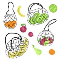 Set of ecological bags for vegetables and fruits. The vector is made in the style of cartoons. Ecology. Shoppers. Respect for nature. Suitable for illustrations on special topics.