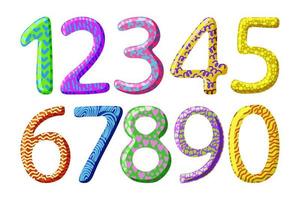 Colorful cartoon numbers for children, greeting card template. Arabic numerals with different patterns. Vector illustration.