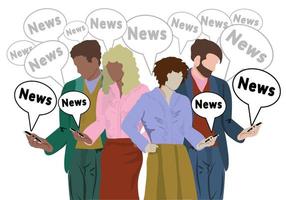 A group of people of different races and genders read the news from their smartphones. The concept of getting information from the Internet. News. Vector illustration in flat style.