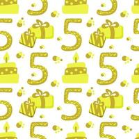 A seamless pattern of festive elements, hand-drawn in doodle style. Cake, a colorful number 5, and gifts. Birthday party background. vector