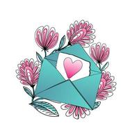 una carta abierta con un corazón, elementos dibujados en forma de garabato. sobre rodeado de flores. linda tarjeta de san valentín. vector
