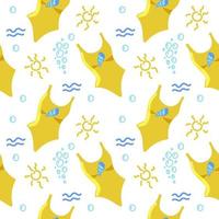 patrón de traje de baño sin costuras, dibujado a mano en estilo de dibujos animados. traje de baño amarillo brillante con estampado de conchas marinas sobre fondo blanco. niñas, mujeres. sol, olas y burbujas al estilo garabato. verano divertido. vector