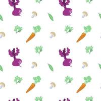 Seamless pattern of vegetables, mushrooms and greens on white background. Elements in a flattened style. World Food Day. Vegetables and greens. Beets, carrots, mushrooms. Suitable for textiles. vector