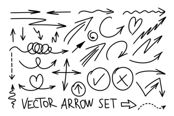 vector arrows set in doodle style. Big Set of vector curved arrows hand drawn. Sketch doodle style. Collection of pointers. Decorative doodles. Vector illustration