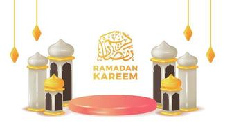 ramadan kareem con podio con ilustración 3d de la mezquita de la torre con plantilla de caligrafía árabe vector