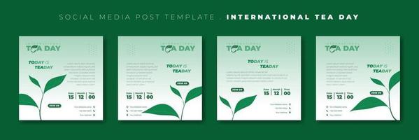 conjunto de plantillas de publicaciones en redes sociales con diseño de hojas de té. diseño de plantilla del día internacional del té. vector
