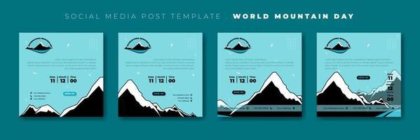 conjunto de plantillas de publicación en medios sociales con cielo azul y diseño de fondo de montaña negra. diseño de plantilla del día internacional de la montaña. vector