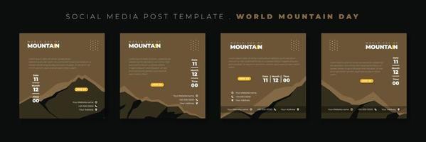 conjunto de plantillas de publicación en medios sociales con diseño de paisaje de montaña marrón. diseño de plantilla del día internacional de la montaña. vector