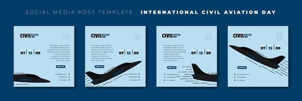 Set of social media post template with flying black airplane vector illustration. International civil aviation day template design.