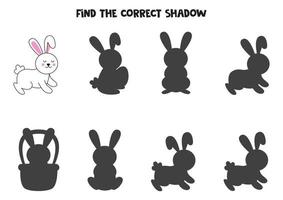 encuentra la sombra correcta del lindo conejito de pascua. rompecabezas lógico para niños. vector