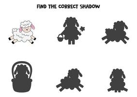 Find the correct shadow of cute Easter lamb. Logical puzzle for kids. vector