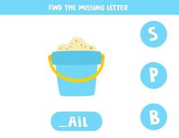 Find missing letter with pail. Spelling worksheet. vector