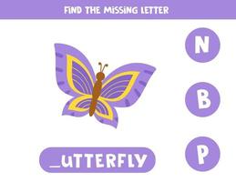 Find missing letter with cute butterfly. Spelling worksheet. vector