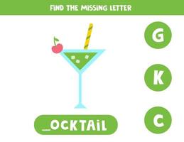 Find missing letter with cute summer cocktail. Spelling worksheet. vector