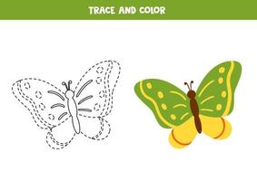 Trace and color cartoon butterfly. Worksheet for children. vector