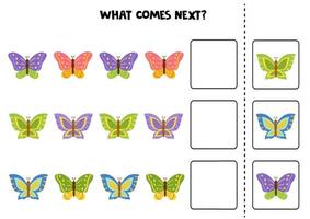 What comes next game with cute colorful butterflies. vector