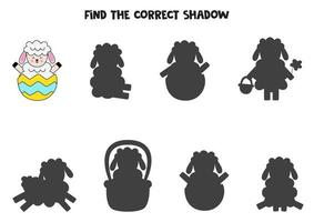 Find the correct shadow of cute Easter lamb. Logical puzzle for kids. vector