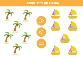 More, less, equal with cartoon yachts and palm trees. vector