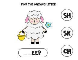 Find missing letter with cute sheep. Spelling worksheet. vector