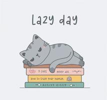 cute bored and lazy kitty cat lying down on stacked books, kawaii animal pet cartoon drawing illustration vector