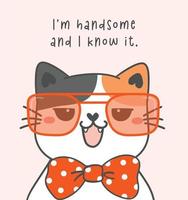 cute happy smart cat wearing glasses, gentleman cat with red bow tie, cute pet animal cartoon drawing vector greeting card