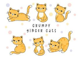 group of Grumpy bored orange ginger kitty cat collection cartoon drawing vector, cute pet animal boring face vector