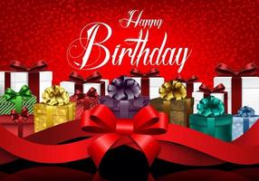 Happy birthday background with color gift boxes and realistic red ribbon vector