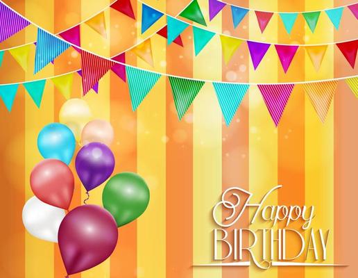 Orange background with bunting and color balloons for celebrations of birthday