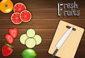 Fresh fruits slices on the table with a knife on a cutting board background vector