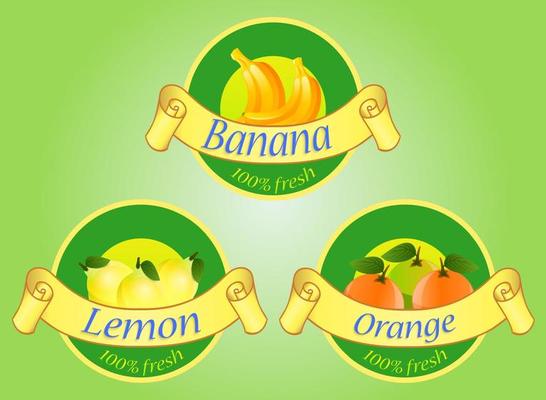 Fruits labels isolated on green background.Vector