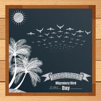 Migratory bird mechanism with palm tree and flying birds written by chalk on blackboard.Vector vector