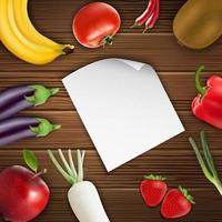 Vegetables and fruits with paper on wooden background vector