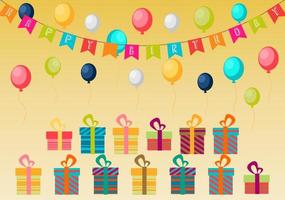 Birthday background of party with color balloons and gift boxes on brown background vector