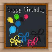 Happy birthday background with color balloons and gift boxes written by color chalk on blackboard vector