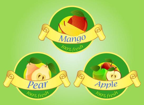 Fruits labels isolated on green background