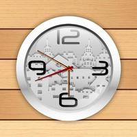 Wall clocks with image of paper buildings on a wooden background vector