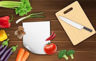 Vegetables on the table with paper and a knife on a cutting board vector