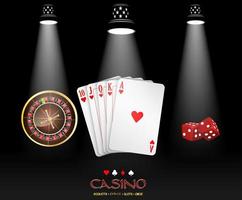 Casino banner with Spotlight casino design with cards, roulette wheel and dices. Vector