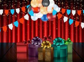 Birthday background of party with color balloons and gift boxes on curtain background vector