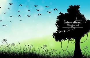 Field of grass background with silhouette tree and flying birds vector