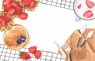 Strawberry desserts background with waffles, pancakes and strawberry yogurt. Watercolor illustration. vector