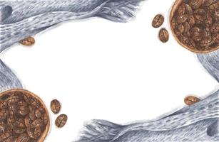 Coffee beans in wooden bowl with knitted scarf. Watercolor illustration. vector