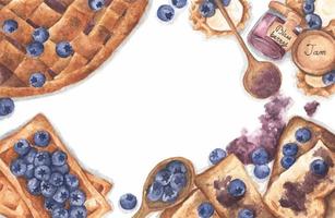 Pie, toast bread with jam, jam in jar, waffles and fresh blueberries. Watercolor illustration.