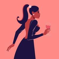 Romantic young woman in evening dress with a glass of wine. Flat isolated vector illustration
