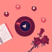 vista superior taza de café romántica con velas y rosas en la mesa. ilustración vectorial plana vector