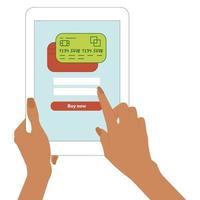 Online payment. Female hands hold a tablet and make a purchase. Flat vector isolated illustration