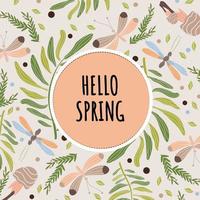 Hello Spring greeting card. Floral background with dragonflies and foliage vector illustration.