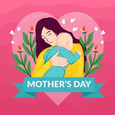 mother's day illustration flat design with mother hugging baby